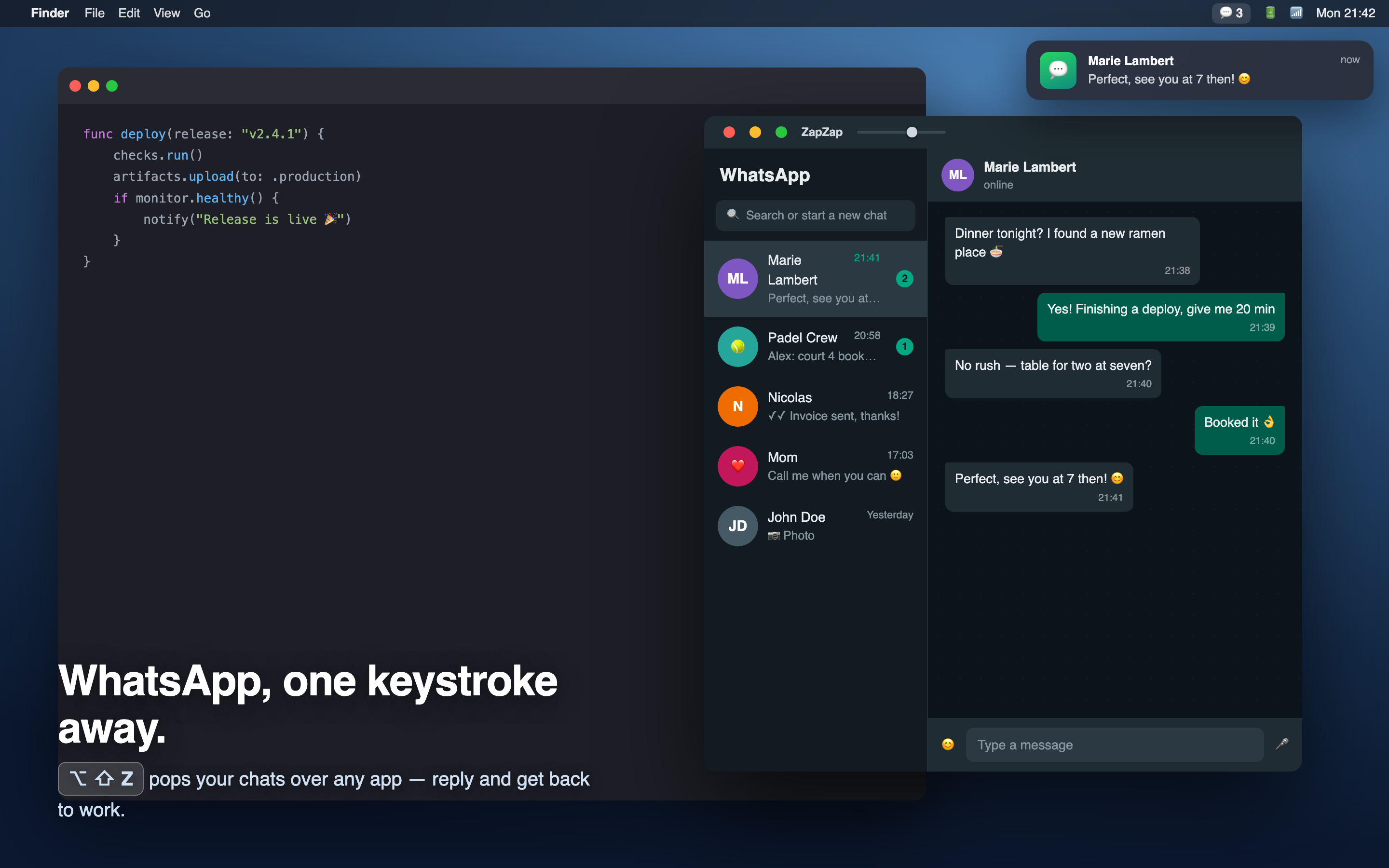 ZapZap panel over a code editor