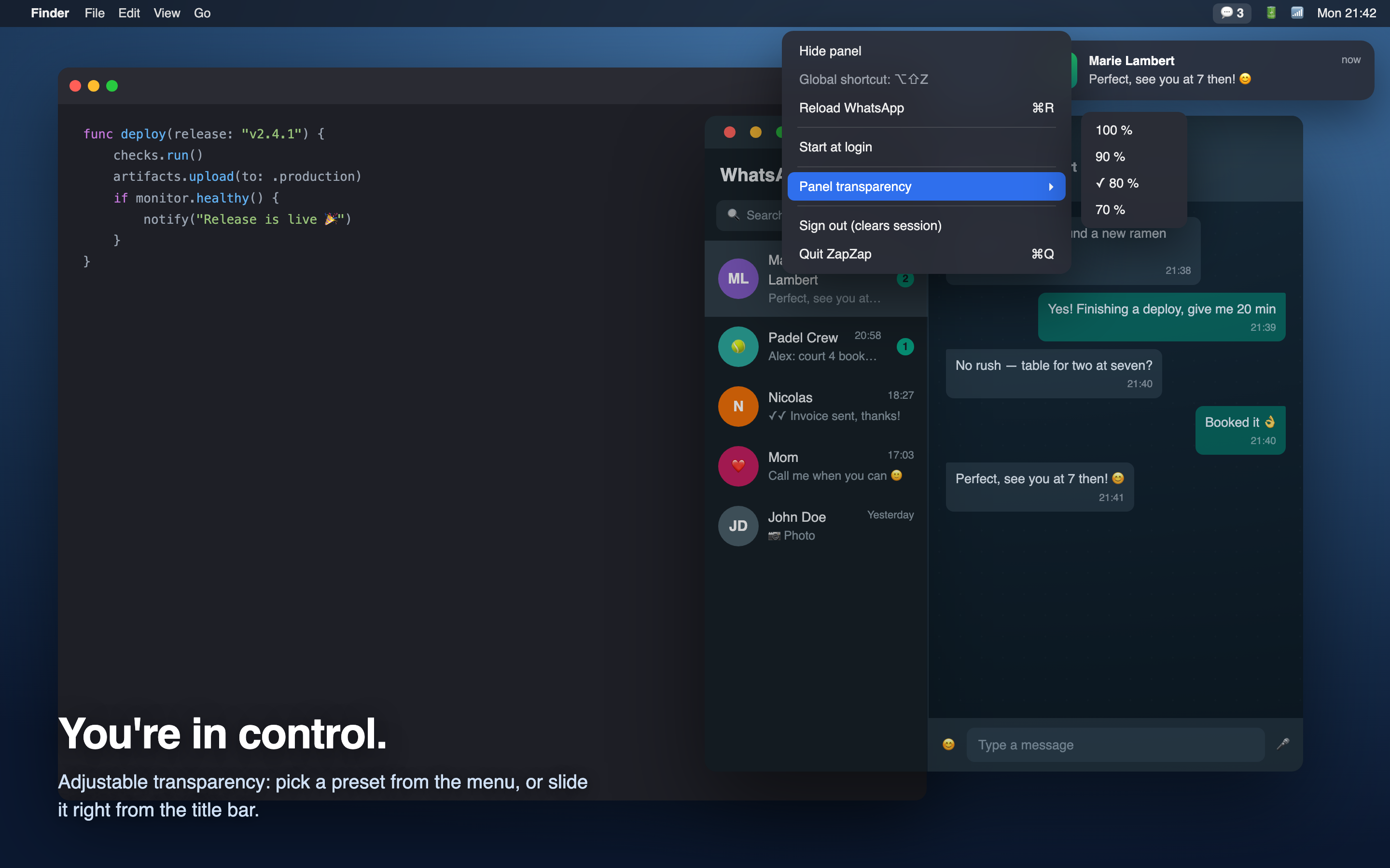 Menu and transparency control